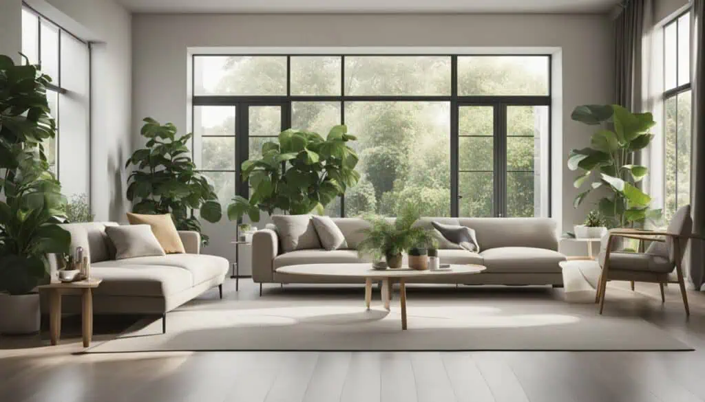 Bright living room with large windows and indoor plants for a fresh, airy atmosphere.