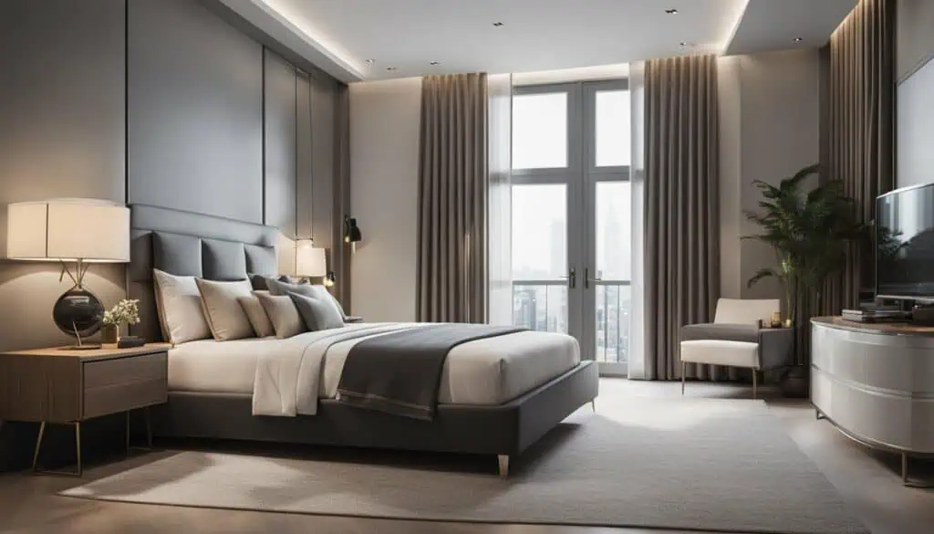 Elegant bedroom with large windows, neutral tones, and stylish decor.