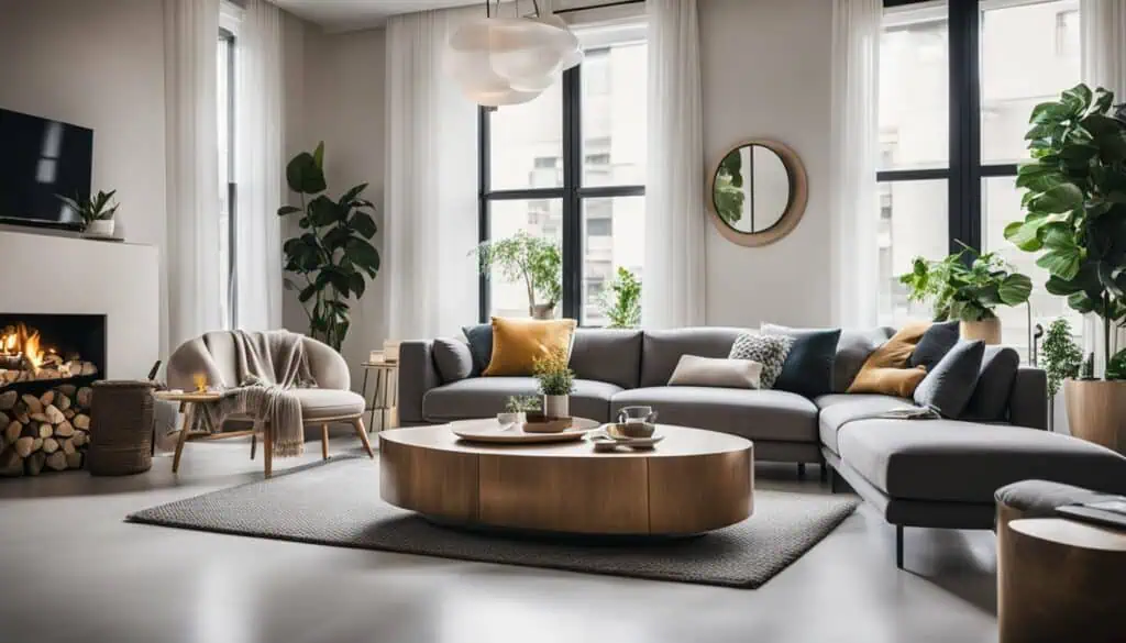 Modern living room with large windows, cozy seating, and lush indoor plants.