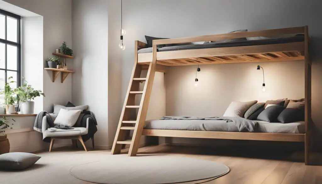 Modern bedroom with wooden bunk bed, cozy decor, and natural light.