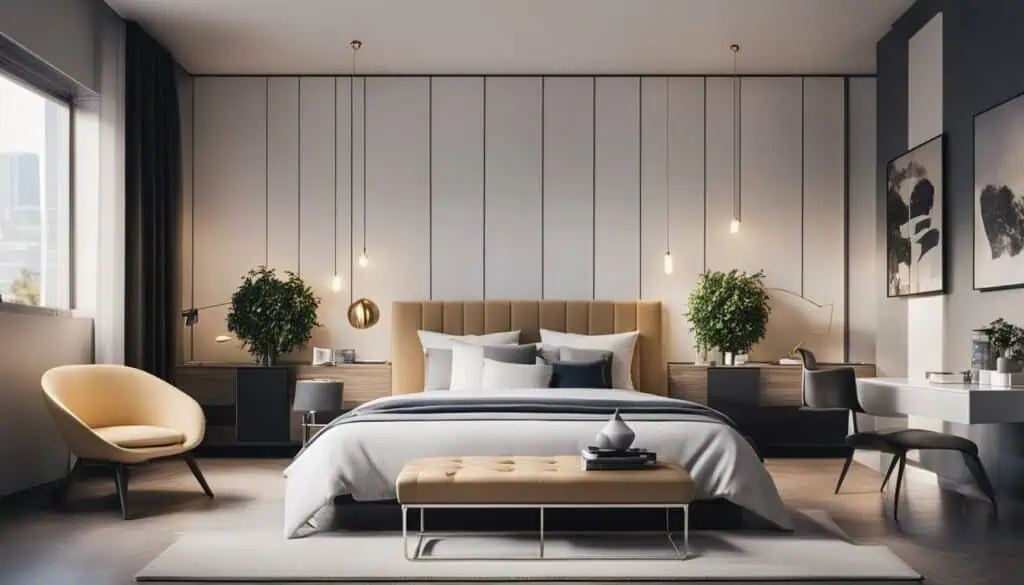 Elegant modern bedroom with stylish decor and ambient lighting.