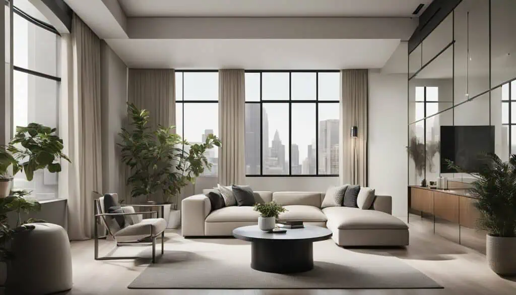 Bright, stylish living room with large windows and cityscape backdrop.