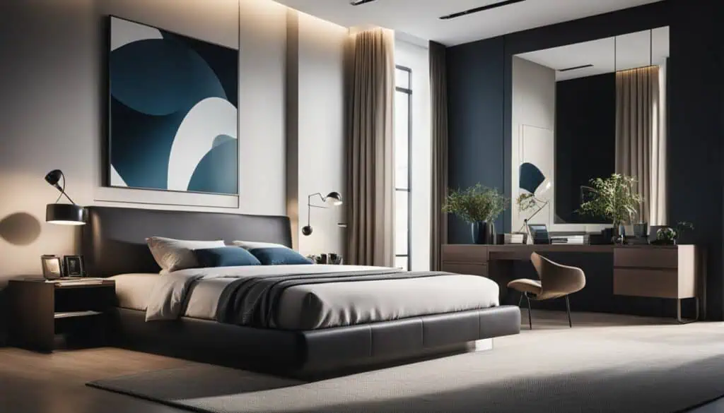 Elegant bedroom interior with contemporary furniture and artwork.