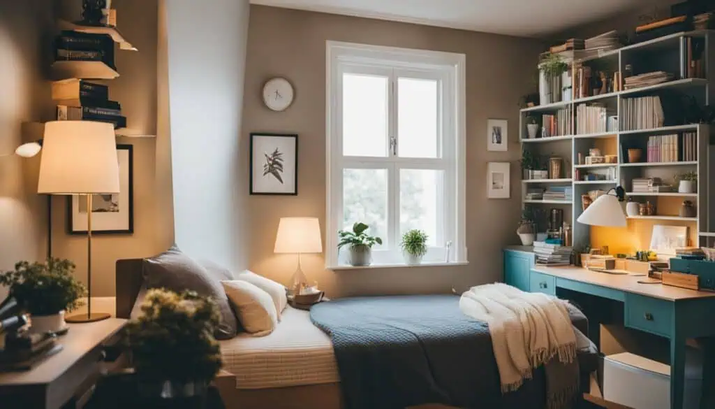 Bright bedroom with large window, cozy bed, and extensive bookshelf for a relaxing atmosphere.