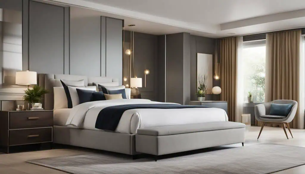 Elegant bedroom with contemporary decor, plush bedding, and ample natural light from large windows.