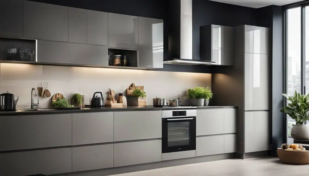 Contemporary gray kitchen with sleek cabinets and natural light.