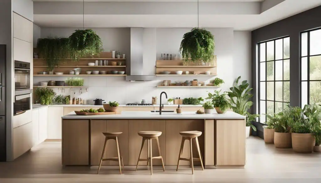 Bright modern kitchen with green plants and large windows for a fresh look.