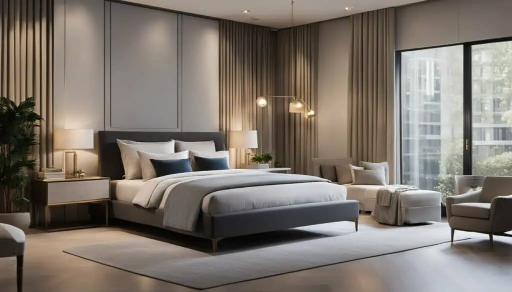 Elegant modern bedroom with large windows and stylish decor.