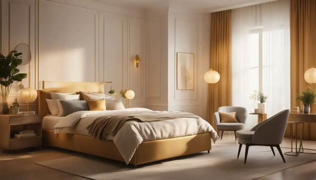 Luxurious bedroom with soft lighting, plush bedding, and stylish furniture for a relaxing retreat.