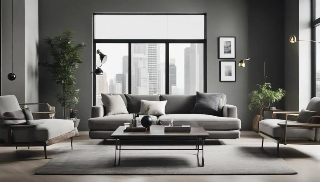 Elegant living room with sleek furniture and large windows showcasing a city skyline.