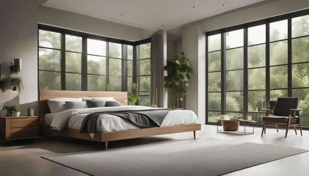 Spacious modern bedroom with large windows and minimalist design.