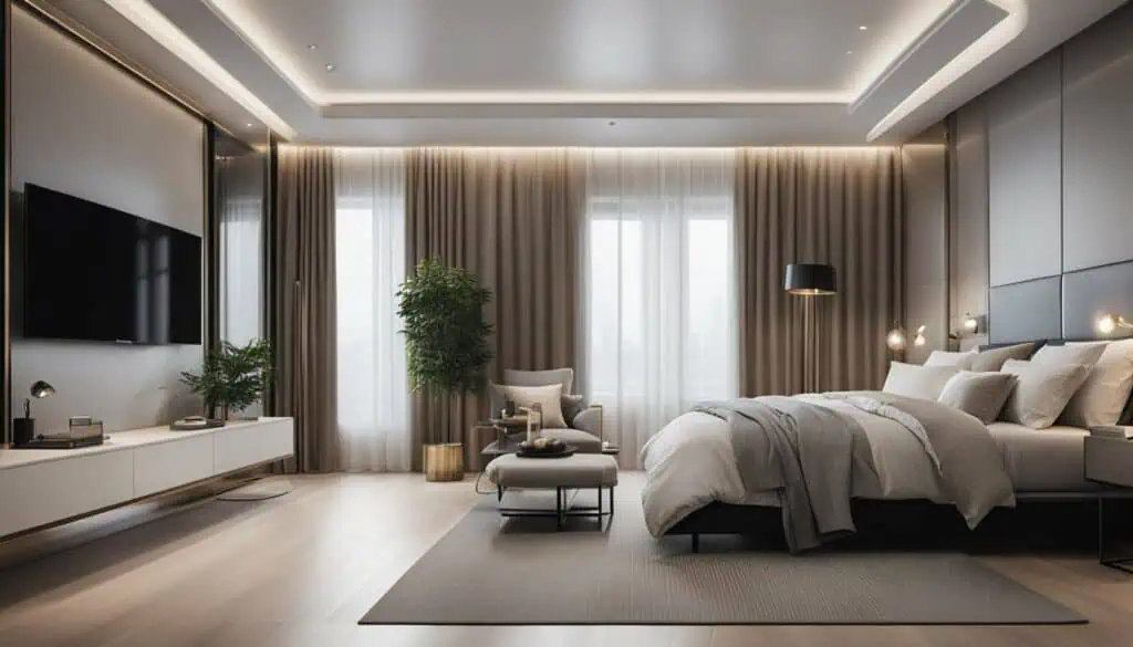 Elegant bedroom with contemporary design and cozy ambiance.