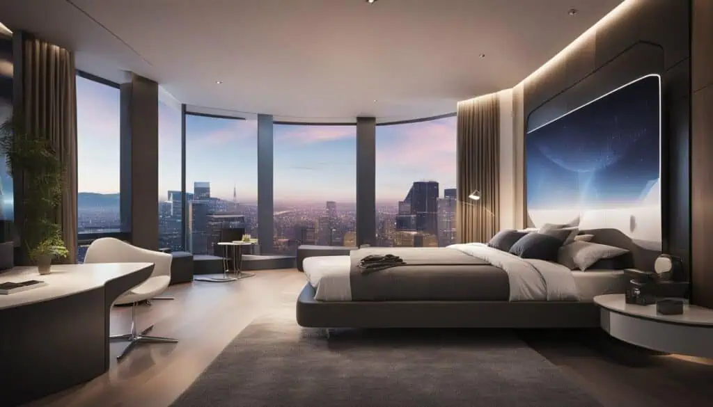 Luxury hotel room with floor-to-ceiling windows overlooking a city skyline at sunset.