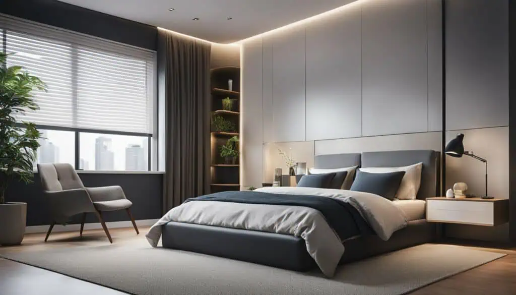 Modern bedroom with minimalist decor, large window, and city skyline view.
