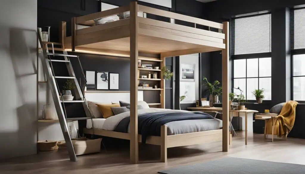 Modern bedroom with wooden bunk bed and large windows, stylish and functional design.