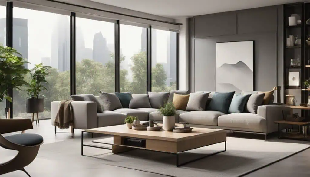 Spacious living room with large windows, modern furniture, and city skyline view for a stylish home.