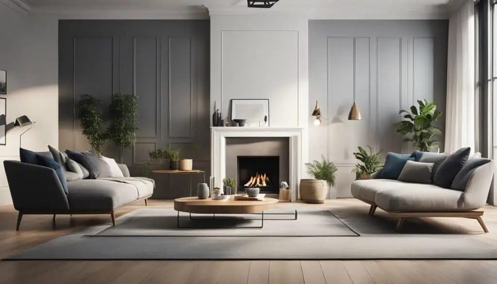 Elegant living room with fireplace, modern furniture, and lush plants.