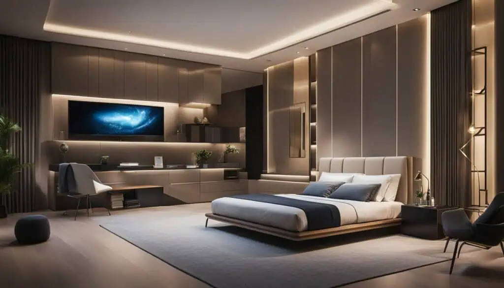 Luxurious bedroom interior featuring contemporary decor and cozy atmosphere.