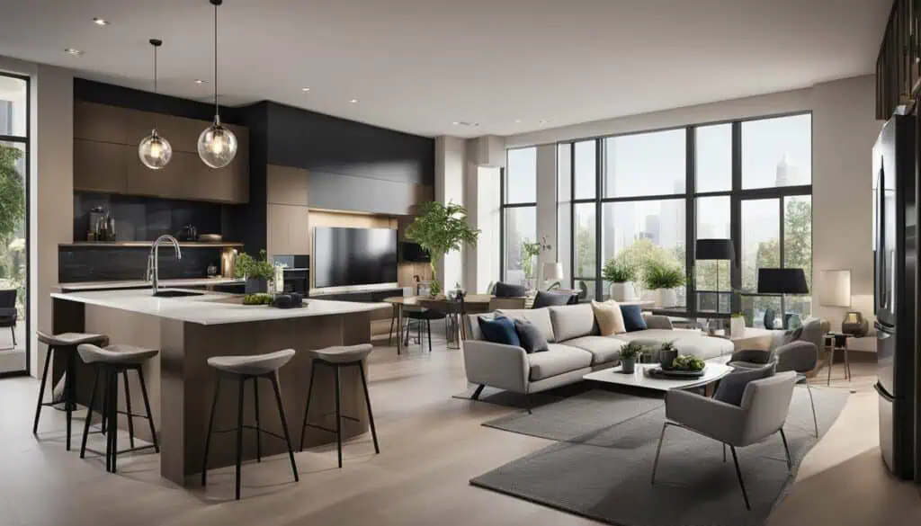 Bright, spacious living room with large windows and contemporary furniture.