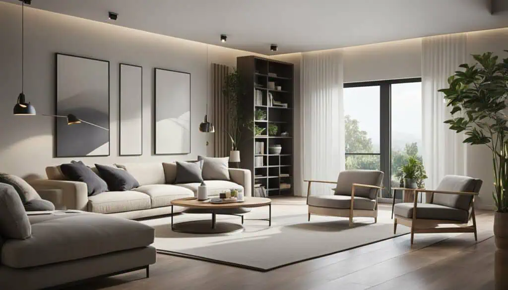 Elegant living room with neutral tones and natural light.