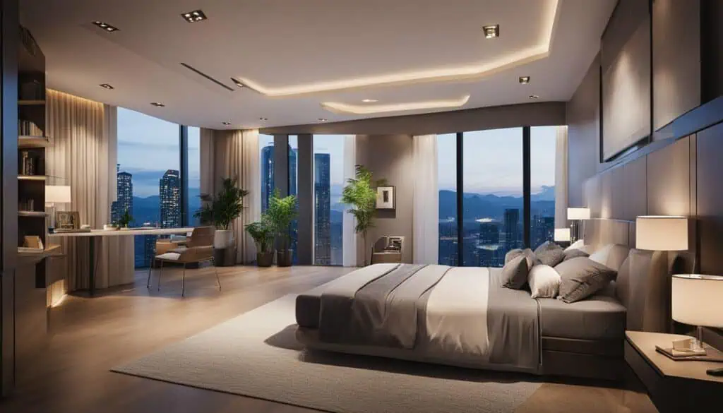 Luxury bedroom with city skyline view, modern decor, and elegant furnishings.