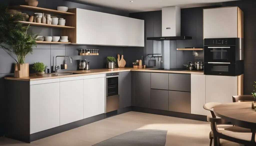 Contemporary kitchen with white and gray cabinets, open shelving, and modern appliances.