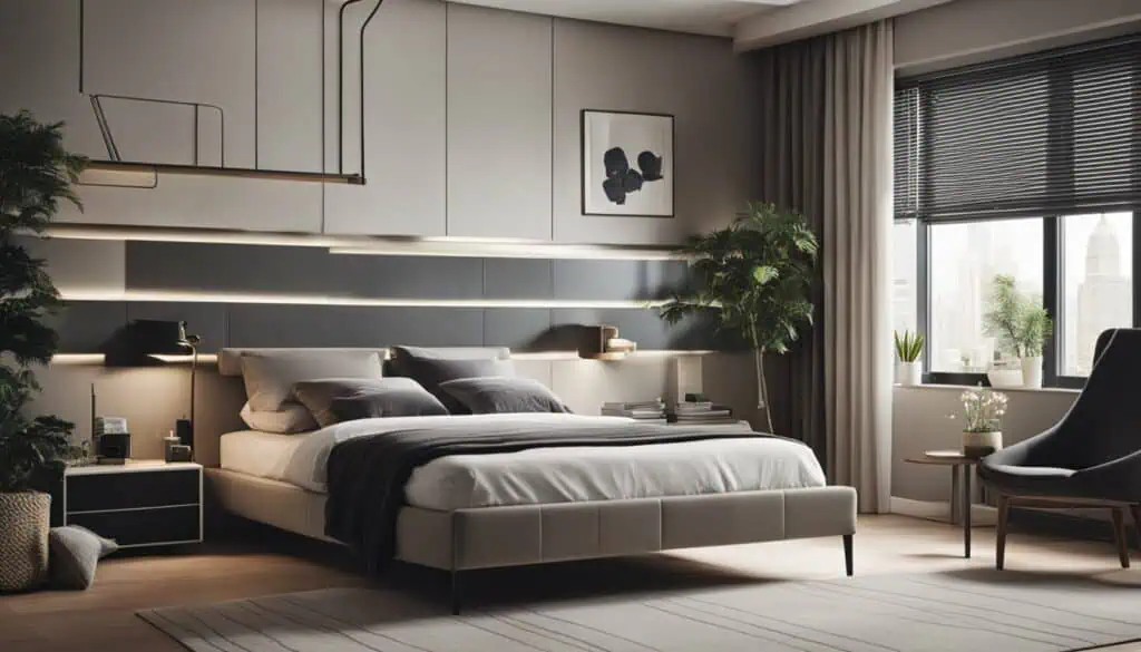 Elegant bedroom interior featuring contemporary design and city skyline in the background.