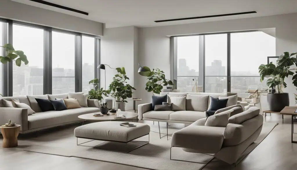 Spacious, stylish living room featuring large windows, contemporary furniture, and lush indoor plant.
