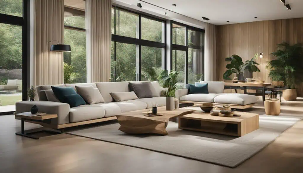 Elegant living room with large windows, neutral tones, and lush indoor plants for a relaxing atmosph.