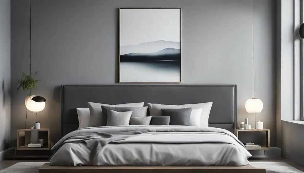 Elegant bedroom featuring a sleek gray headboard and minimalist design. Perfect for a stylish, comfo.