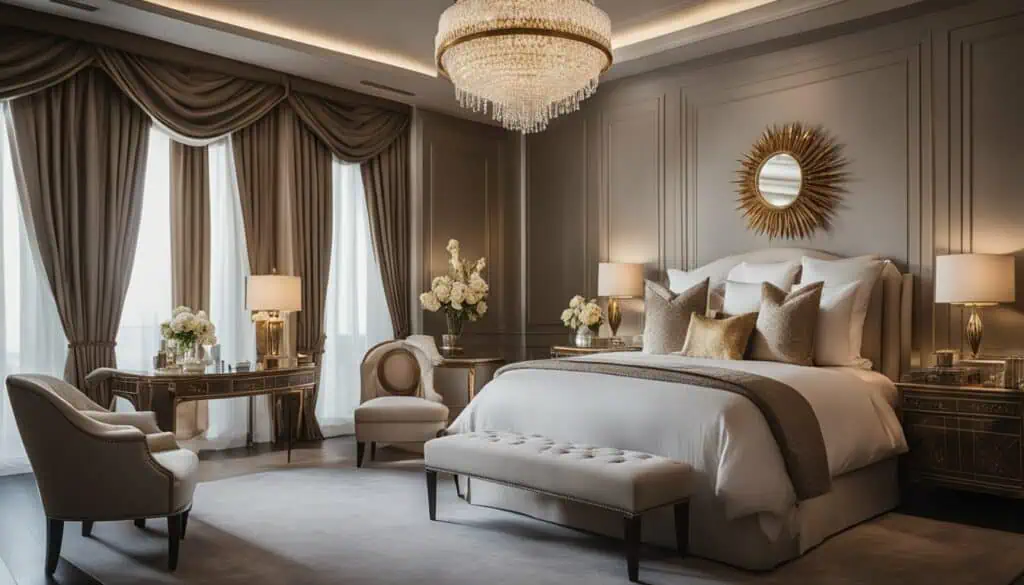 Luxurious bedroom with elegant decor, plush bedding, and ambient lighting for a sophisticated atmosp.