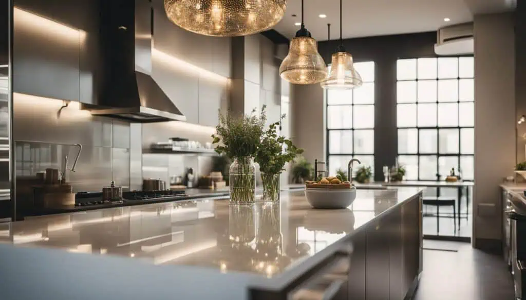 Bright industrial kitchen with stainless steel appliances and natural light from large windows.