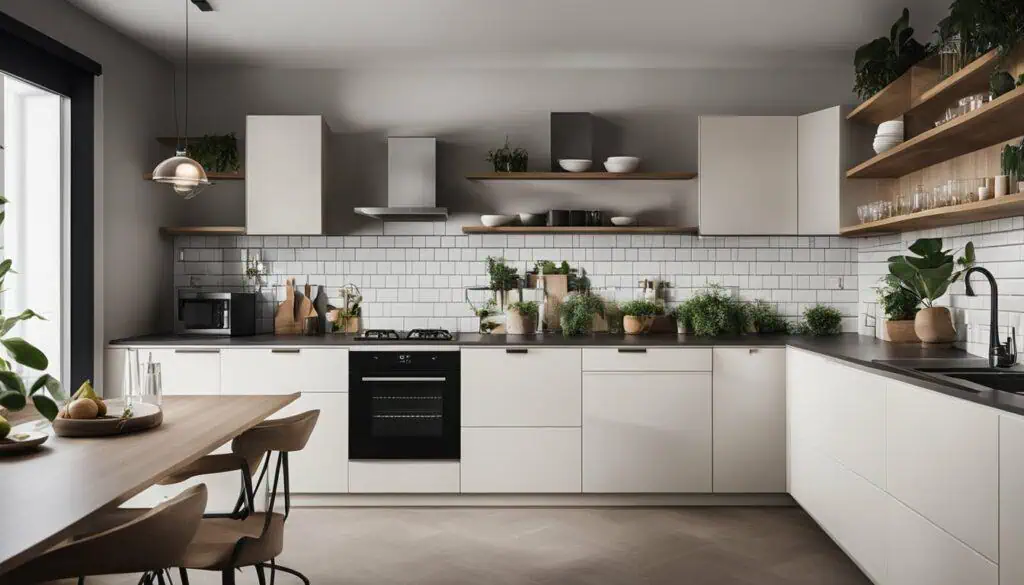 Contemporary kitchen with white cabinetry, open shelves, and greenery accents.