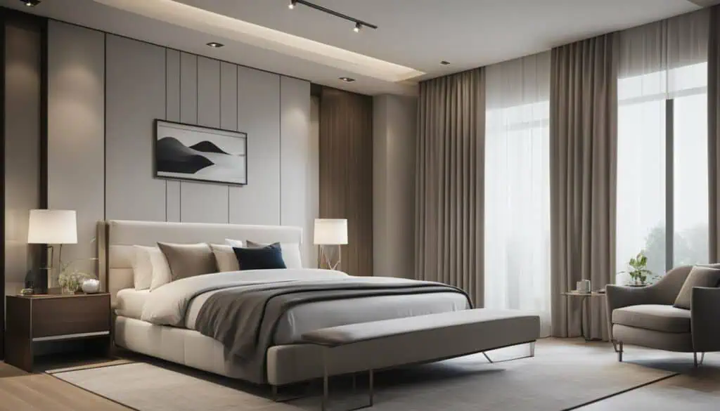 Elegant bedroom with contemporary decor, soft lighting, and large windows for a luxurious living spa.