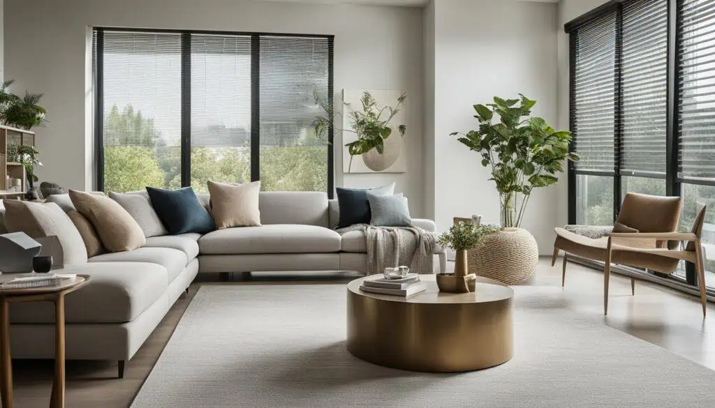 Spacious living room featuring large windows, contemporary furniture, and lush indoor plants.