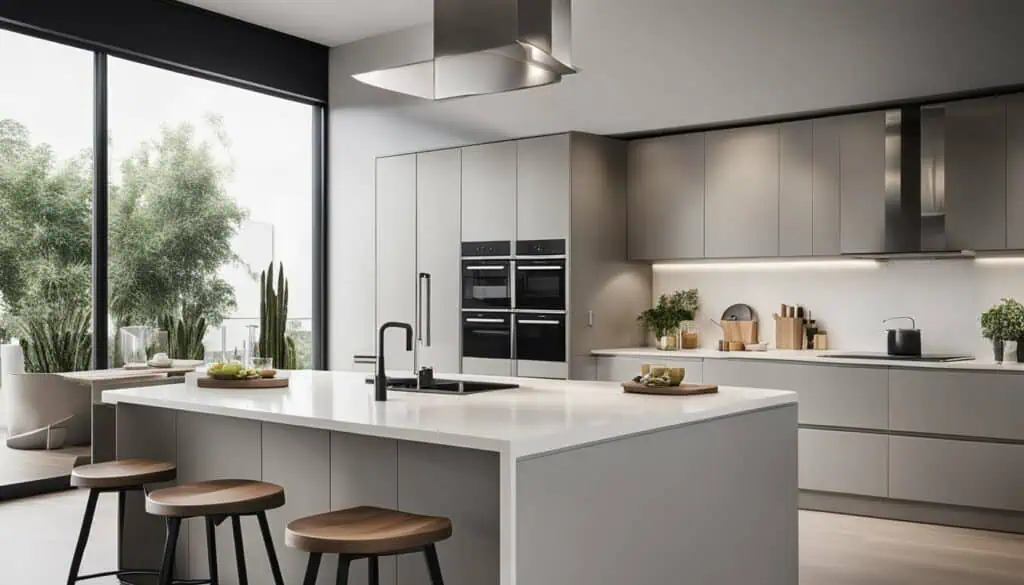 Modern minimalist kitchen with sleek white cabinets, large window, and contemporary design elements.