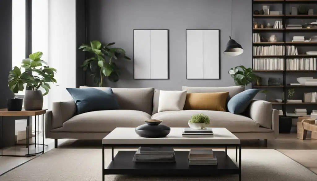 Cozy living room featuring a comfortable sofa, modern decor, and lush green plants for a welcoming a.