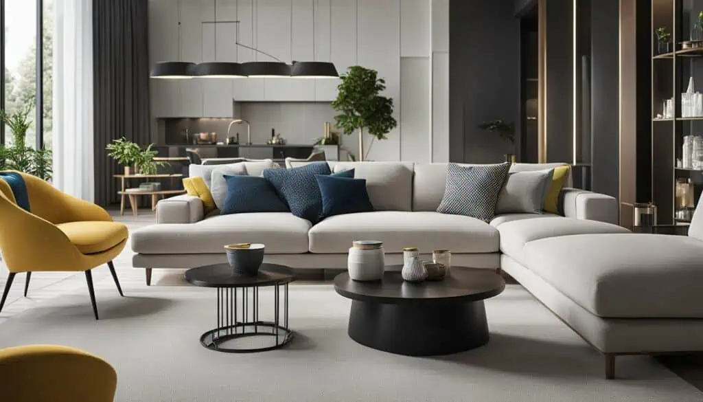 Elegant living room with contemporary furniture and cozy cushions.