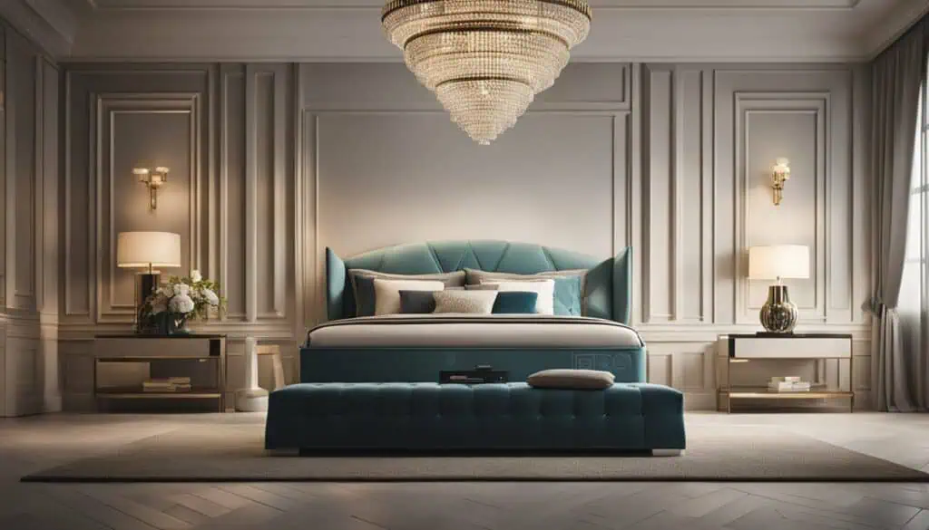 Luxurious bedroom interior with elegant decor and chandelier lighting.