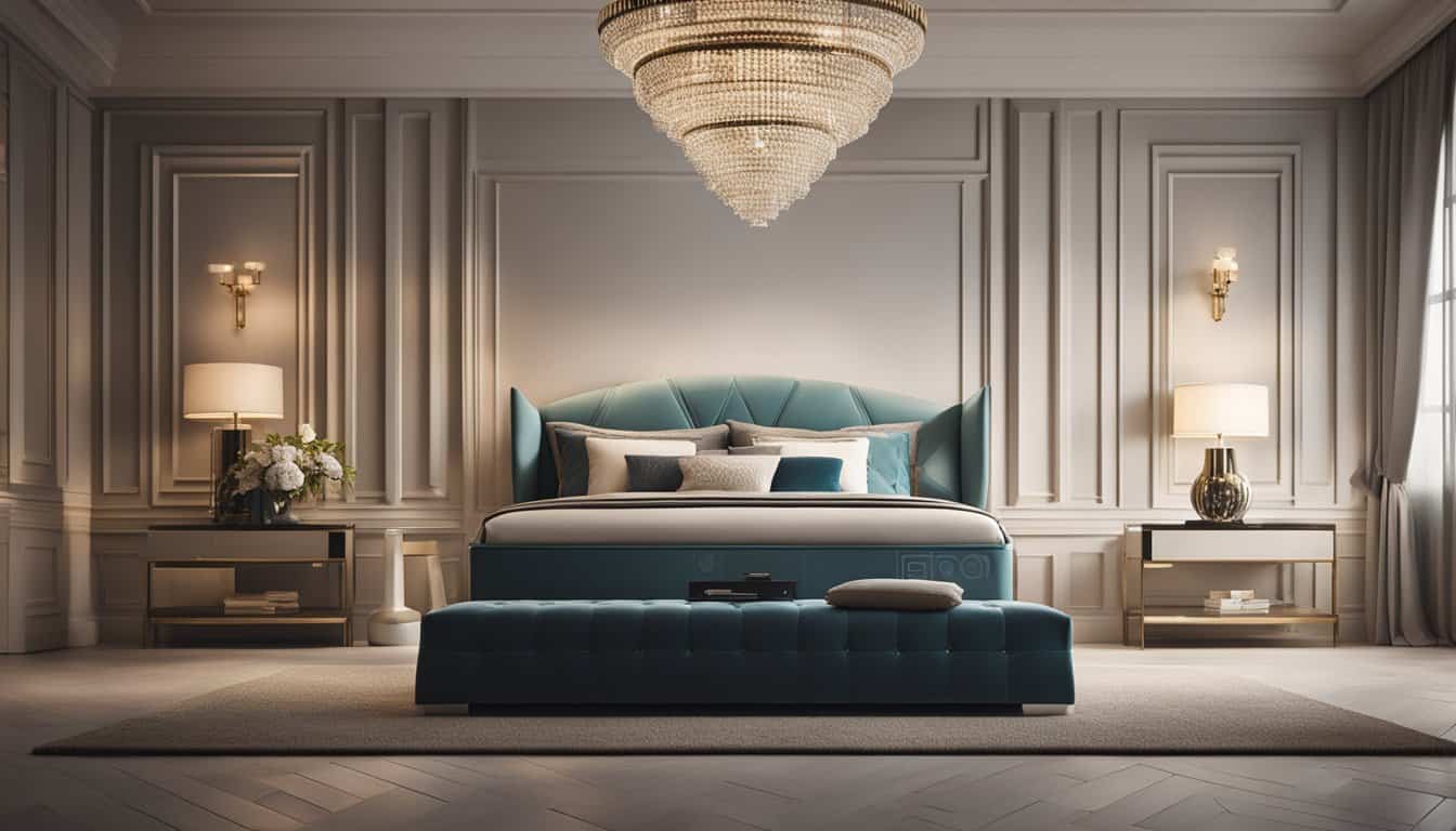 Luxurious bedroom interior with elegant decor and chandelier lighting.