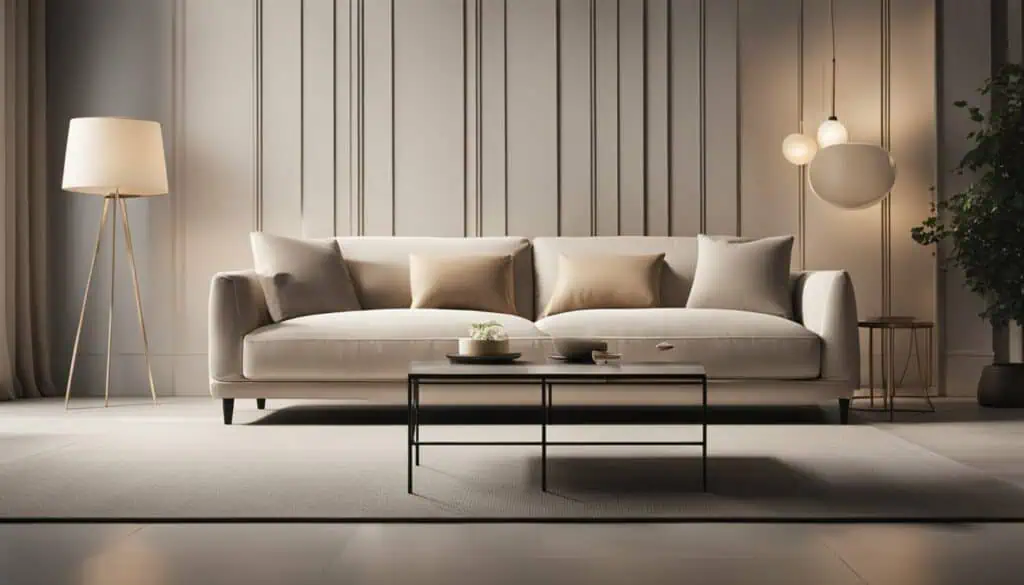 Stylish beige sofa in a contemporary living room with minimalist decor.