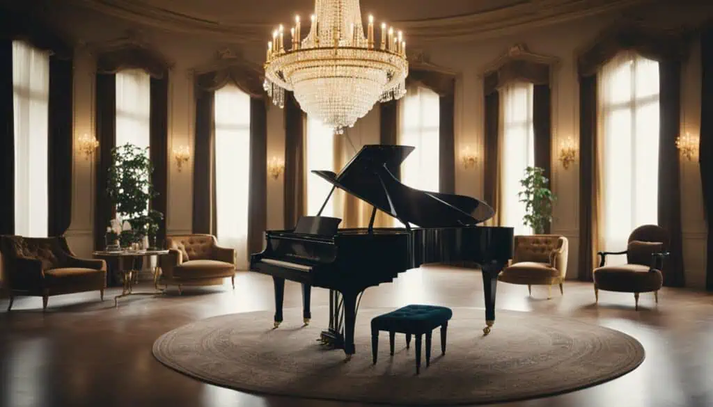 Luxurious grand piano in an opulent concert hall with a chandelier, tall windows, and elegant seatin.
