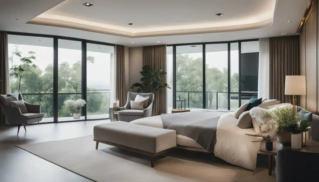 Elegant bedroom with floor-to-ceiling windows and stylish decor.