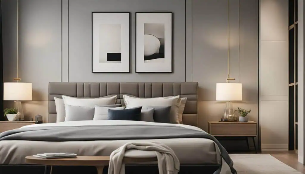 Modern bedroom with stylish decor, plush bedding, and ambient lighting.
