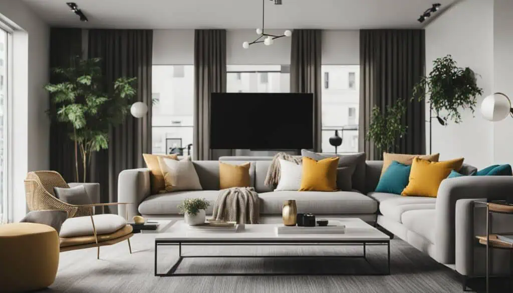 Stylish living room with contemporary furniture, large windows, and lush indoor plants.