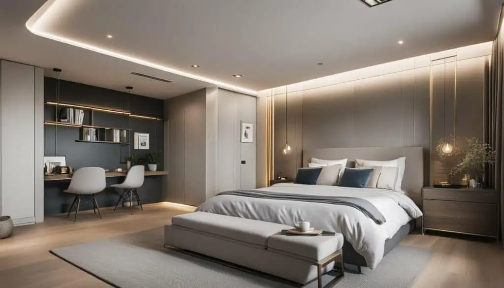 Elegant modern bedroom with minimalist decor and ambient lighting.