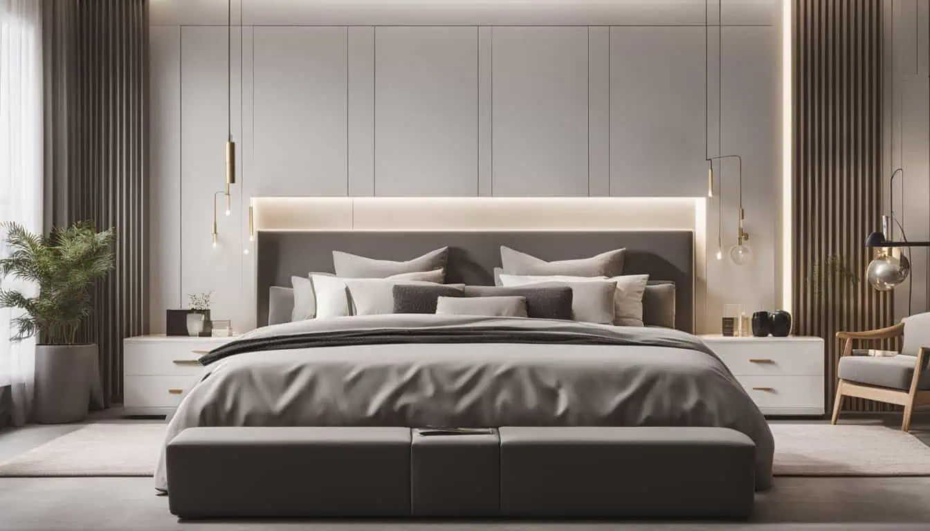 Beautiful contemporary bedroom featuring a sleek bed, ambient lighting, and minimalist decor for a r.