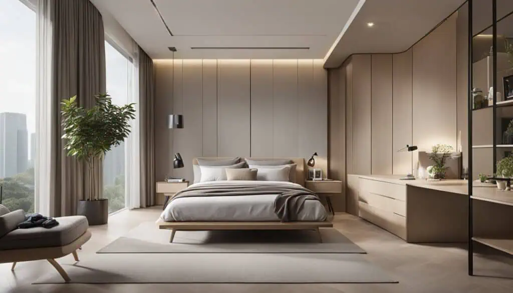 Elegant bedroom with large windows, neutral tones, and contemporary decor. Perfect for a luxurious,.