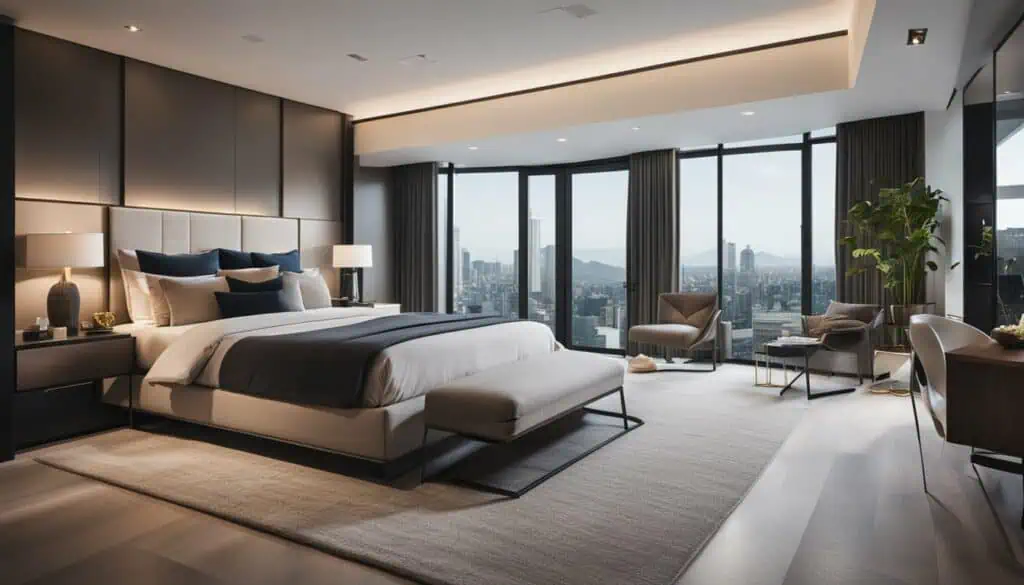 Elegant bedroom with large windows overlooking a city skyline, modern decor, and cozy furnishings.