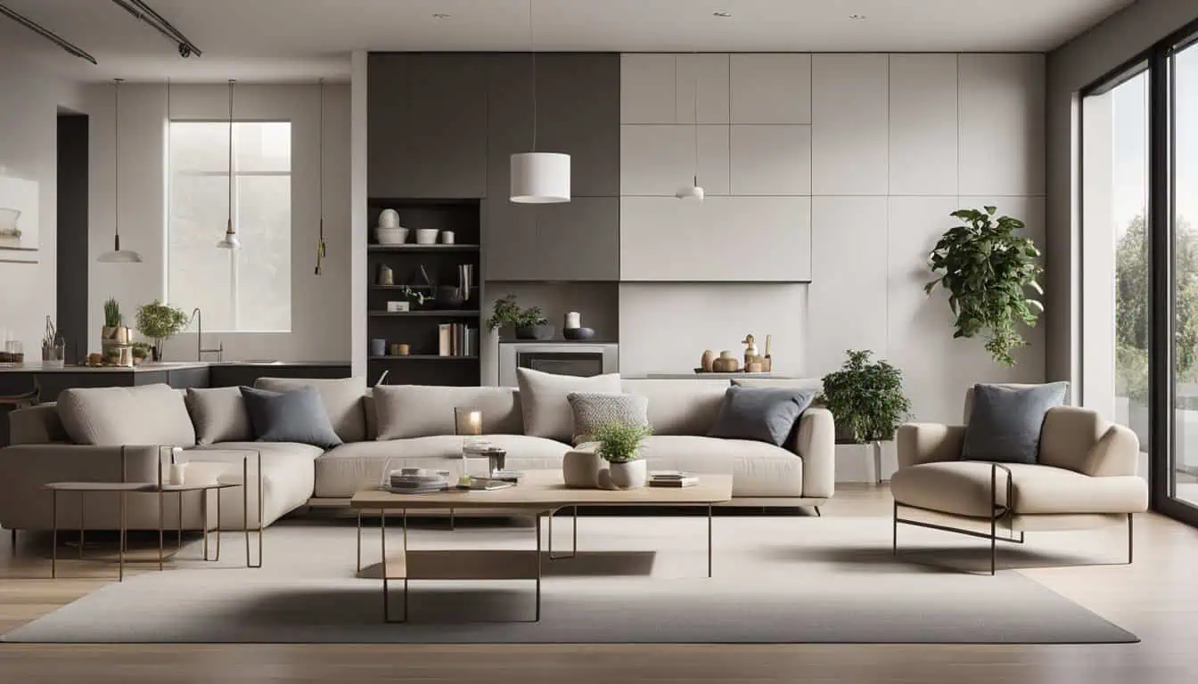 Modern minimalist living room with neutral tones and natural light.